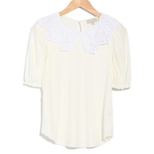Status by Chenault Rib Knit Eyelet Lace Collar Top - White
